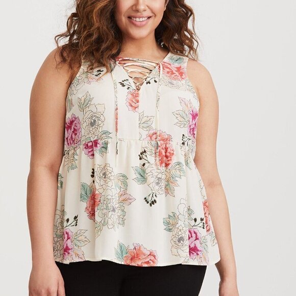 torrid Tops - Torrid Ivory Floral Lace-Up Georgette Babydoll 2x